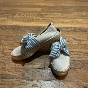 Loeffler Randall Cream and Blue Espadrilles with Striped Bow